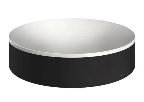 Runder Aufsatzwaschtisch in mattschwarz mit flacher, reflektierender Oberfläche. Das Produkt stammt von AXOR und hat kein Hahnloch sowie keinen Überlauf.